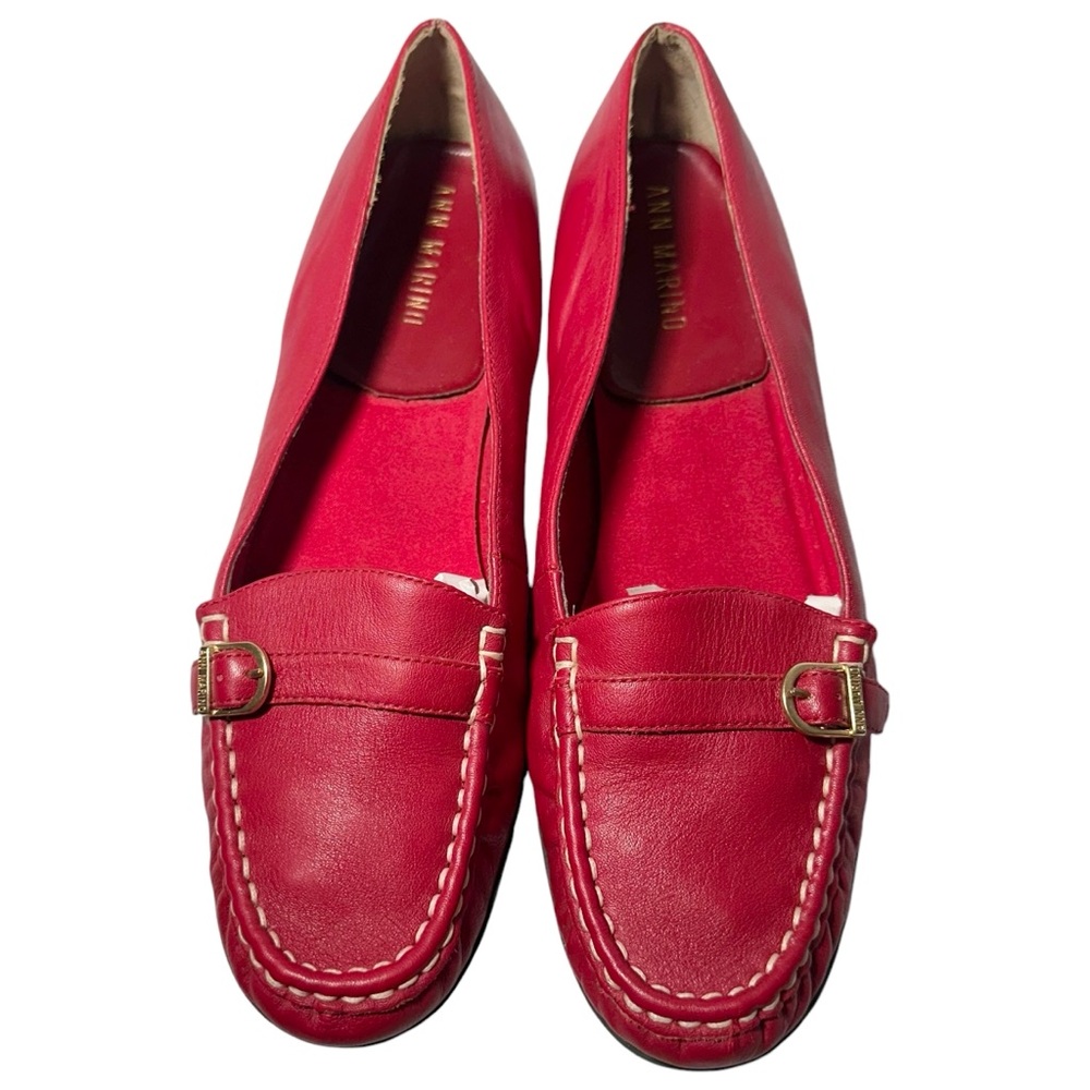 Ann Marino Red Leather Moccasin Loafers with Gold Buckle - Picture 2 of 11
